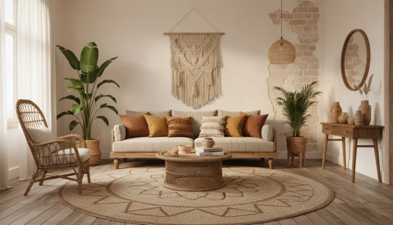 Wizualizacja salonu w stylu boho