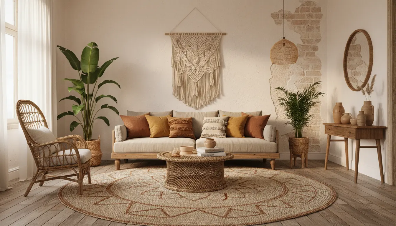 Wizualizacja salonu w stylu boho