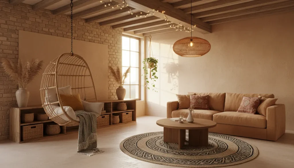 Salon z huśtawka w stylu boho - wizualizacja