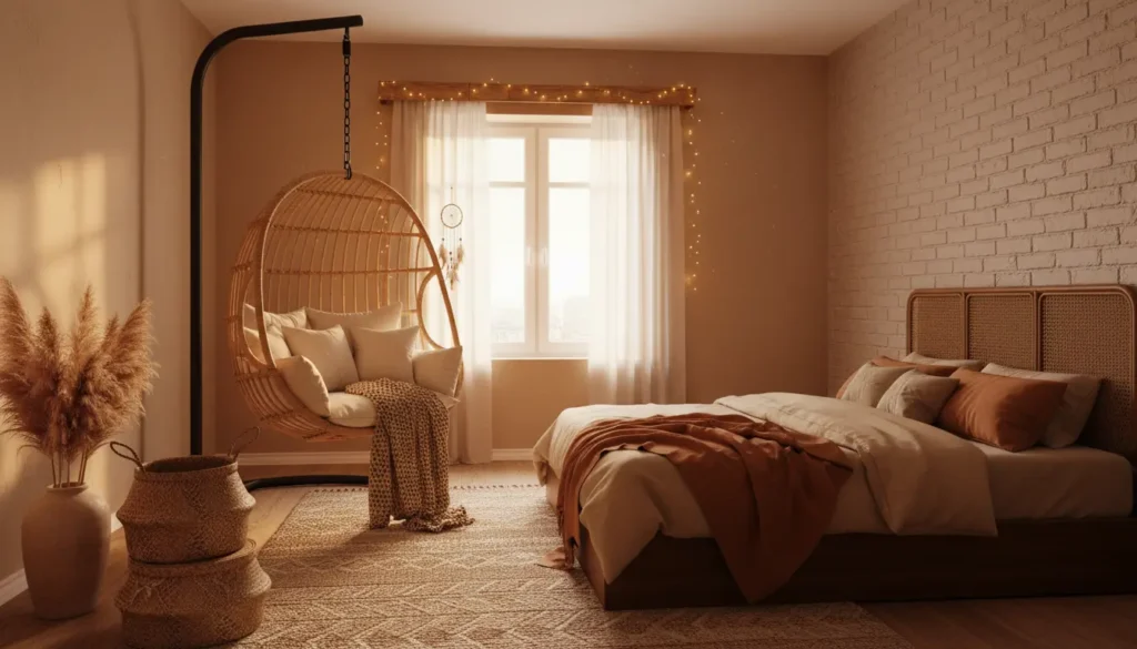 Wizualizacja sypialni w stylu boho z huśtawką