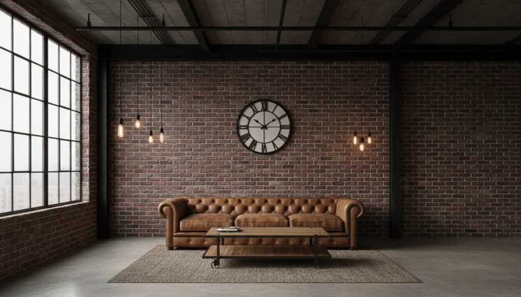 Salon w stylu industrialnym w dzień - wizualizacja
