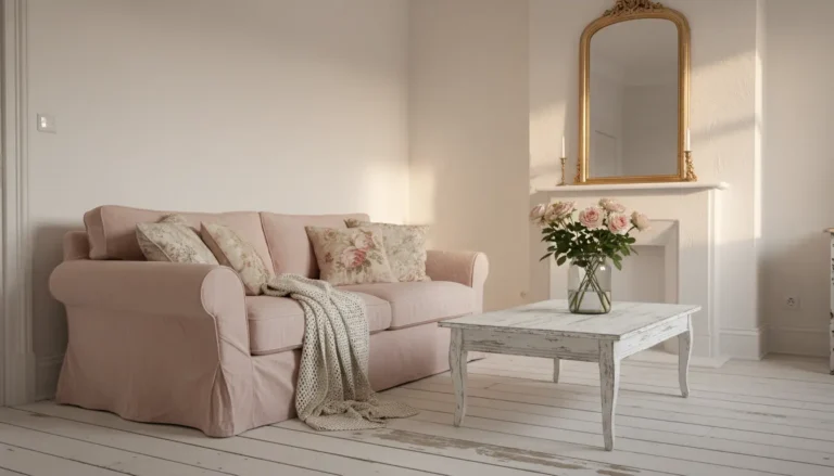 Salon w stylu shabby chic - pudroworóżowa sofa, przecierana biała ława i złocone lustro nad kominkiem