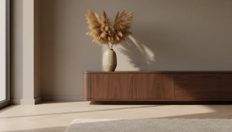 Kolor ścian do ciemnych mebli i jasnej podłogi - ciemny sideboard przy ścianie w taupe łączącej jasną podłogę z ciemnym drewnem