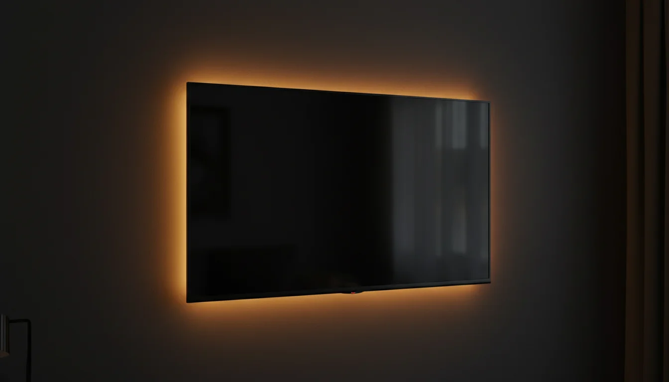 Telewizor na matowej antracytowej ścianie z delikatnym podświetleniem LED bias lighting za obudową w ciemnym pokoju