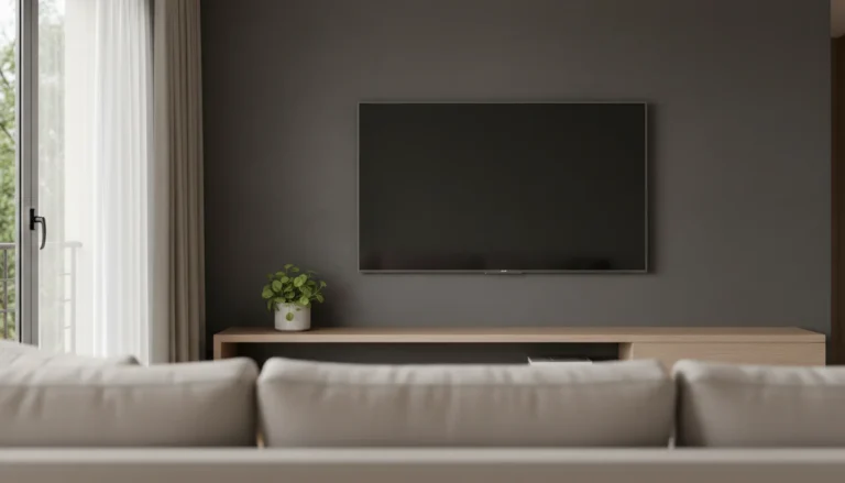 Telewizor zawieszony na matowej grafitowej ścianie w nowoczesnym salonie, naturalne światło dzienne
