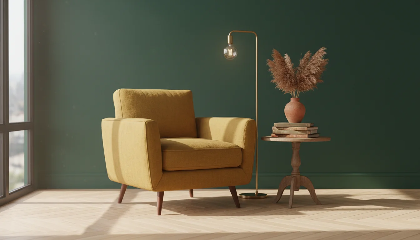 Butelkowa zieleń na ścianie z musztardowym fotelem, mosiądzem i terakotą - kolory pasujące do zielonej ściany
