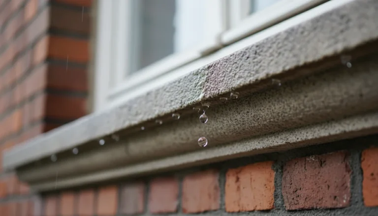 Kropla deszczu odrywająca się od kapinosa pod kamiennym parapetem, nie spływająca po elewacji