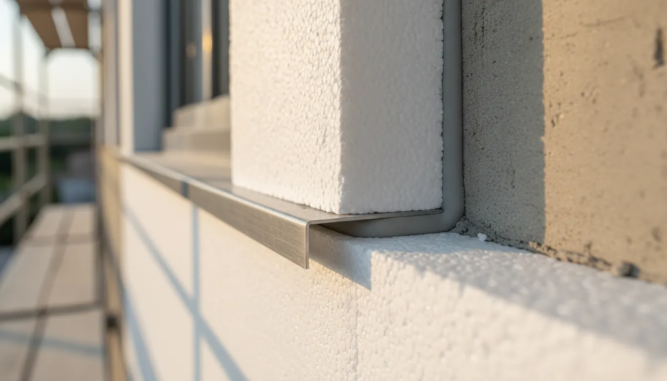 Parapet zewnętrzny wpuszczony w warstwę ocieplenia przy ościeżu, z widoczną szczeliną dylatacyjną
