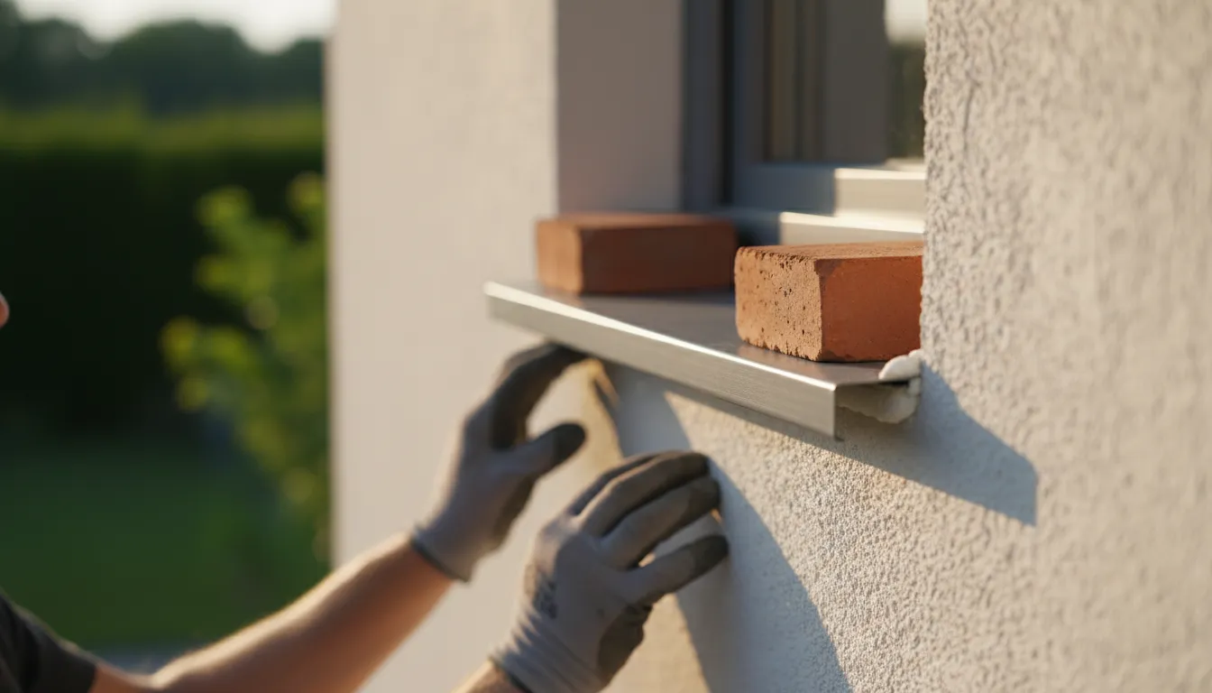 Metalowy parapet zewnętrzny blaszany dociążony cegłami podczas klejenia do elewacji domu