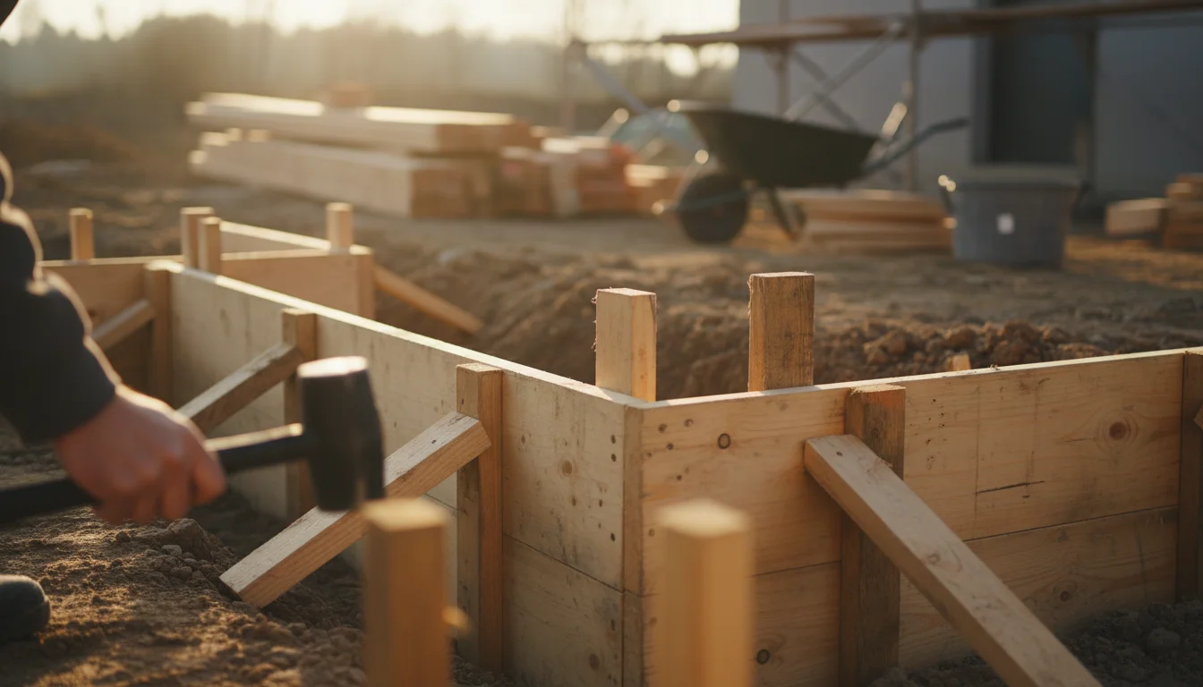 Drewniany szalunek z desek wokół wykopu pod ławę fundamentową, usztywniony kołkami i rozporami na placu budowy