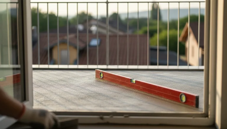 Poziomica na świeżej wylewce na balkonie pokazuje spadek w stronę balustrady i dachów sąsiednich domów
